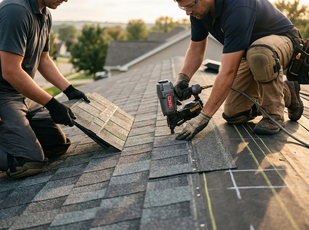 Professional roofer working on a residential roof in Flatwoods